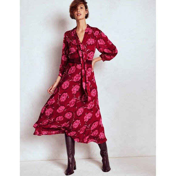 Boden Dresses & Skirts - BODEN Brooke Tie Neck Tea Dress Cranberry Red, Delicate Vine Size 12R New W/ Tag
